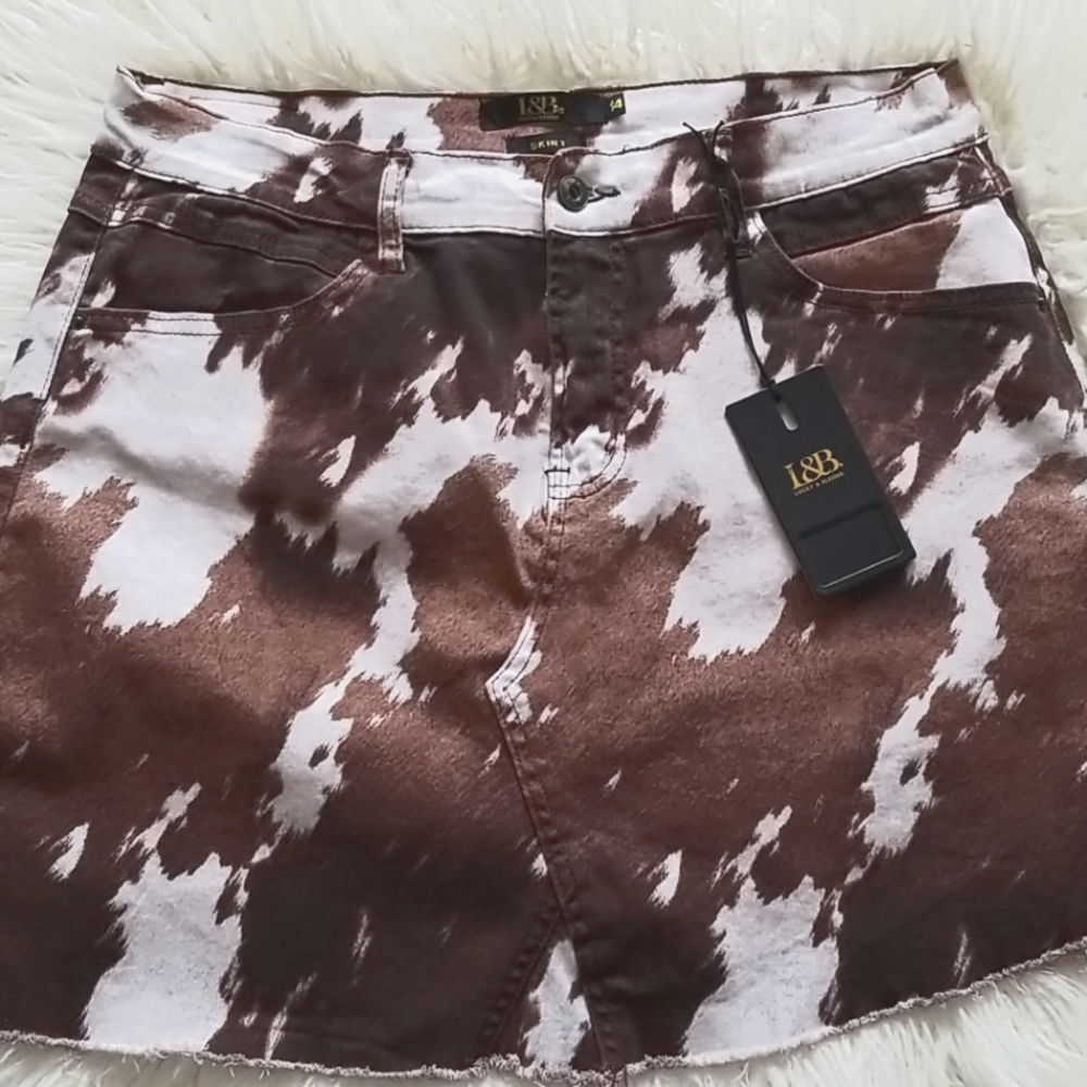 Lucky & Blessed Denim cow print Skirt - Picture 1 of 9